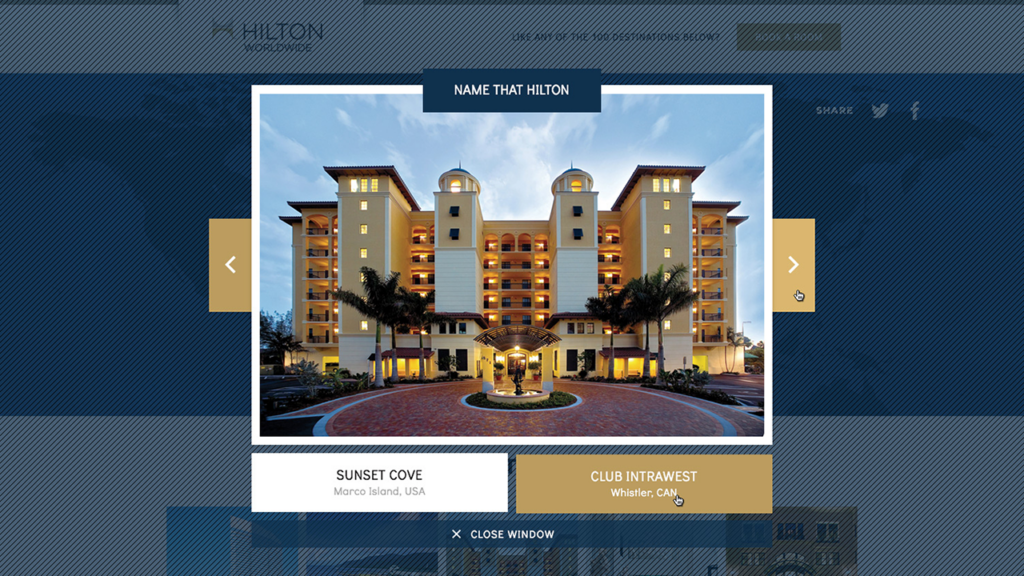 A quiz to "Name that Hilton," showcasing a picture of a Hilton in an undisclosed location