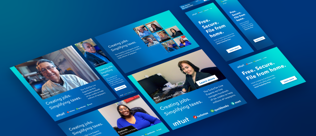 Multiple examples of digital ads promoting TurboTax Live created for Intuit