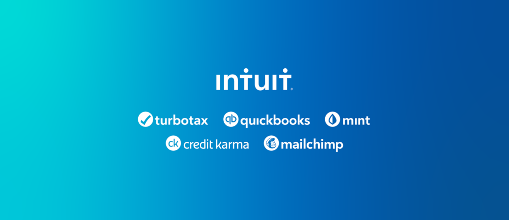 A graphic containing the following words: Intuit, turbotgax, quickbooks, mint, credit karma, and mailchimp