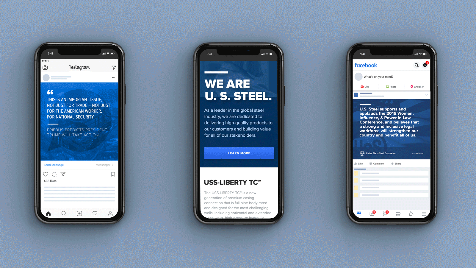 Three iPhones displaying the Instagram page, Facebook page, and website for U.S. Steel