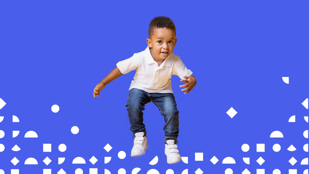 A little boy jumping in the air imposed on a purple blue background with geometric shapes on the bottom
