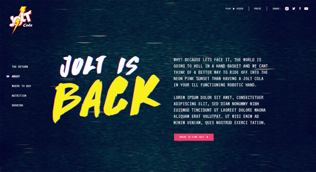 The homepage of the Jolt Cola website