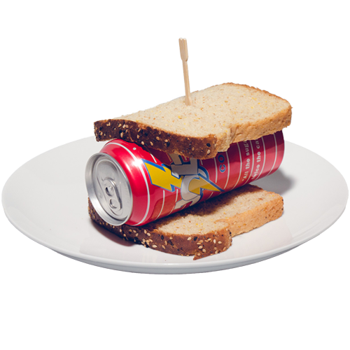 A can of Jolt Cola placed between two pieces of bread like a sandwich