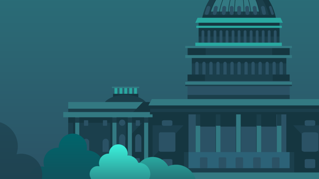 Graphic depicting the United States Capitol in shades of teal, with trees in the foreground