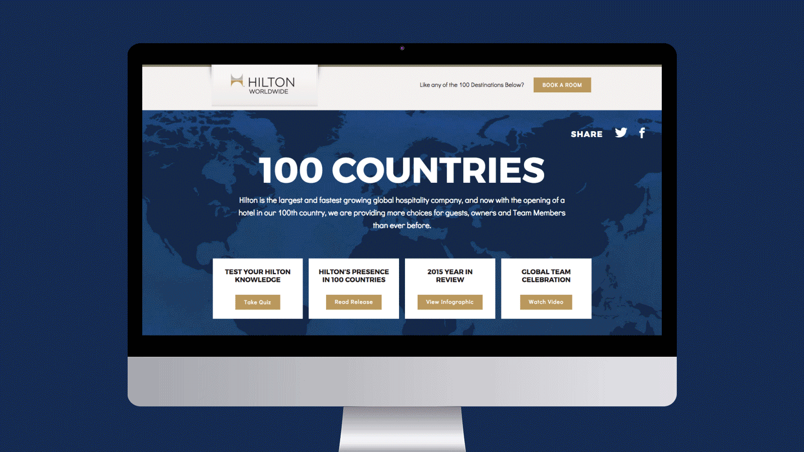 An animated gif of a the Hilton Worldwide website on a computer monitor