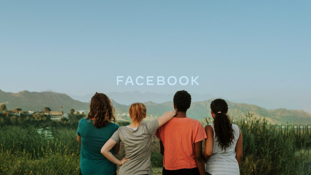Group of four diverse friends staring out at a field with the word Facebook above their heads