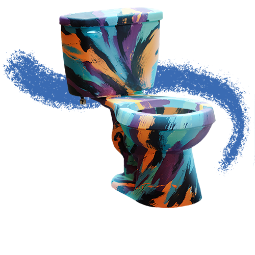 A colorful toilet against a blue and white background