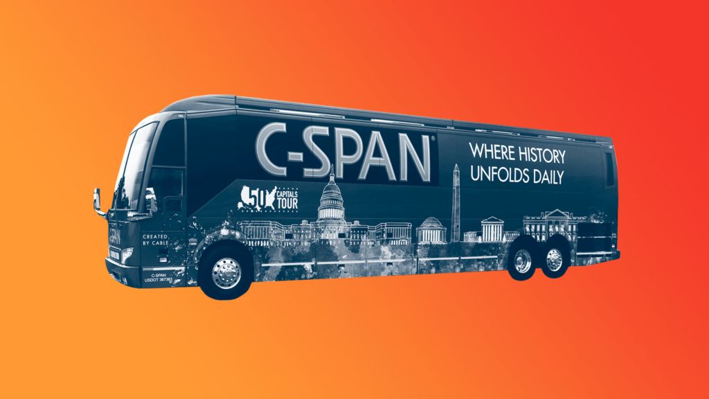 A bus wrapped in C-SPAN branding for the 50 Capitals Tour