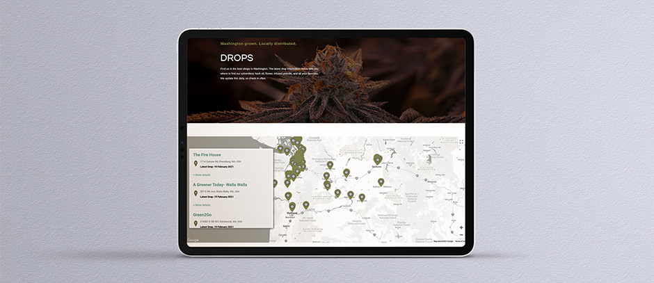 A website page of a location map detailing various cannabis shops