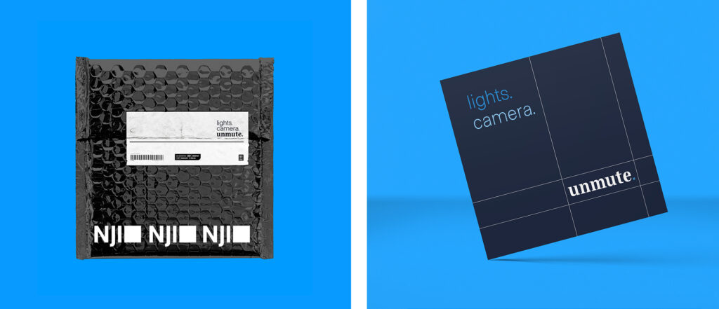Product mockup of a card saying "Lights, camera, unmute." and an NJI branded package with shipping label