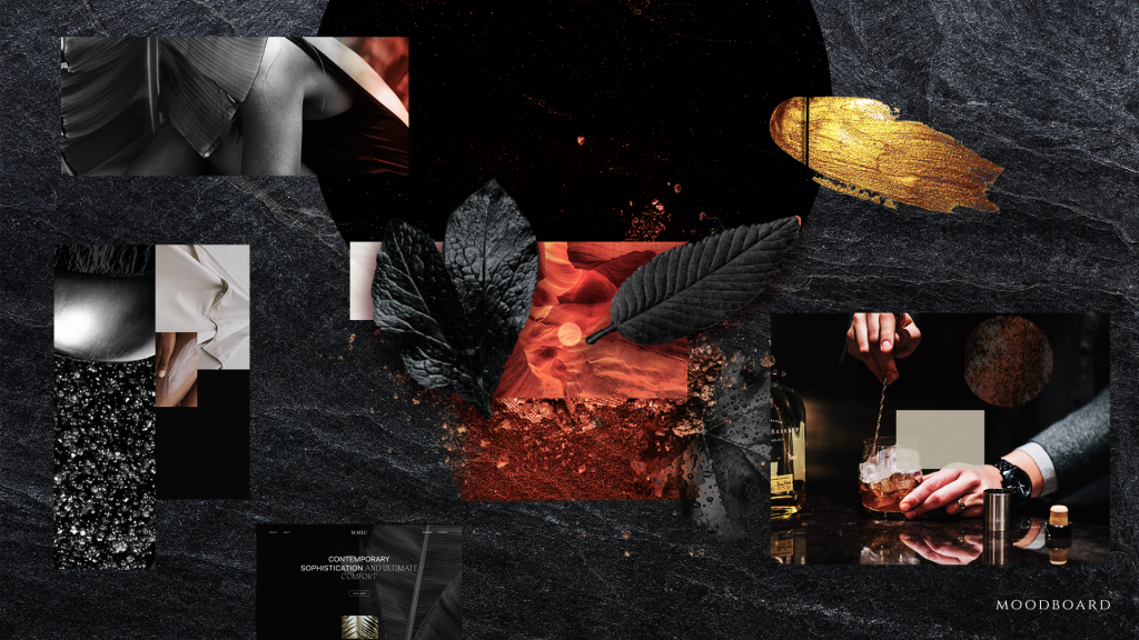 A moodboard created for the forum include mature black, gold, and orange themes