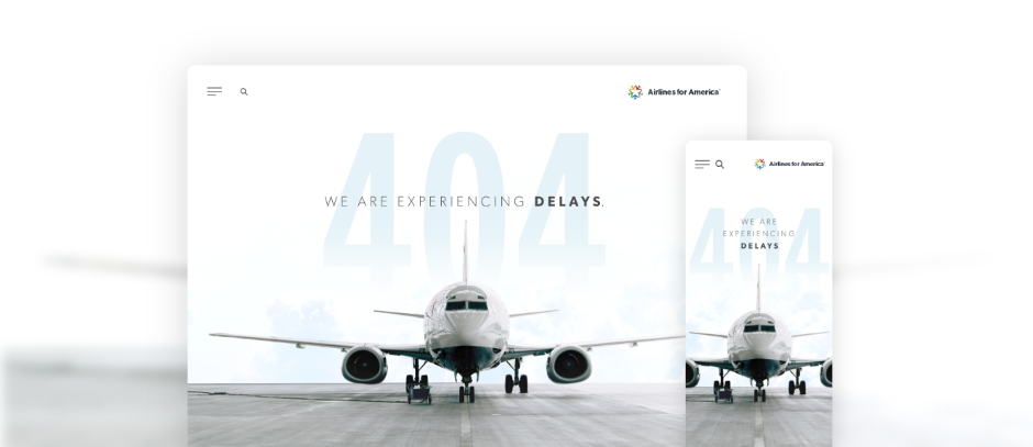 A "404 Error" page using Airlines for America branding and an image of an airplane