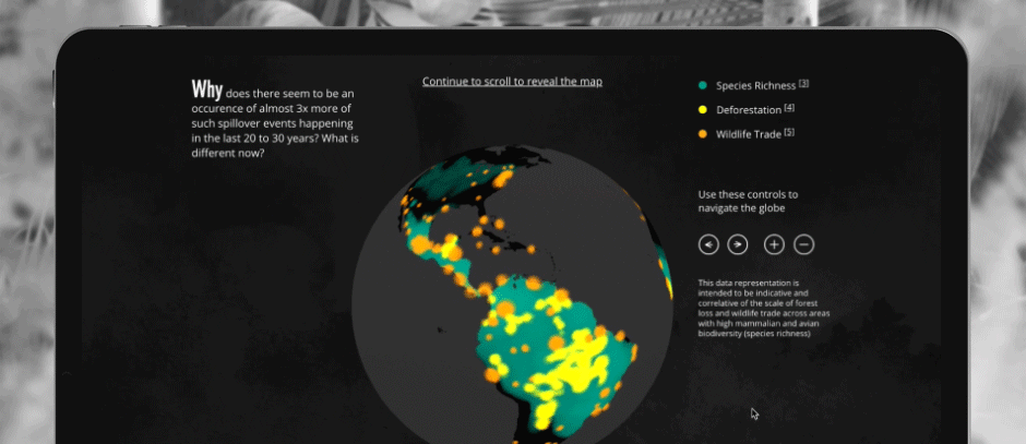 An animated graphic of a globe heat map indicating spillover events in the last 20-30 years featured on a tablet screen