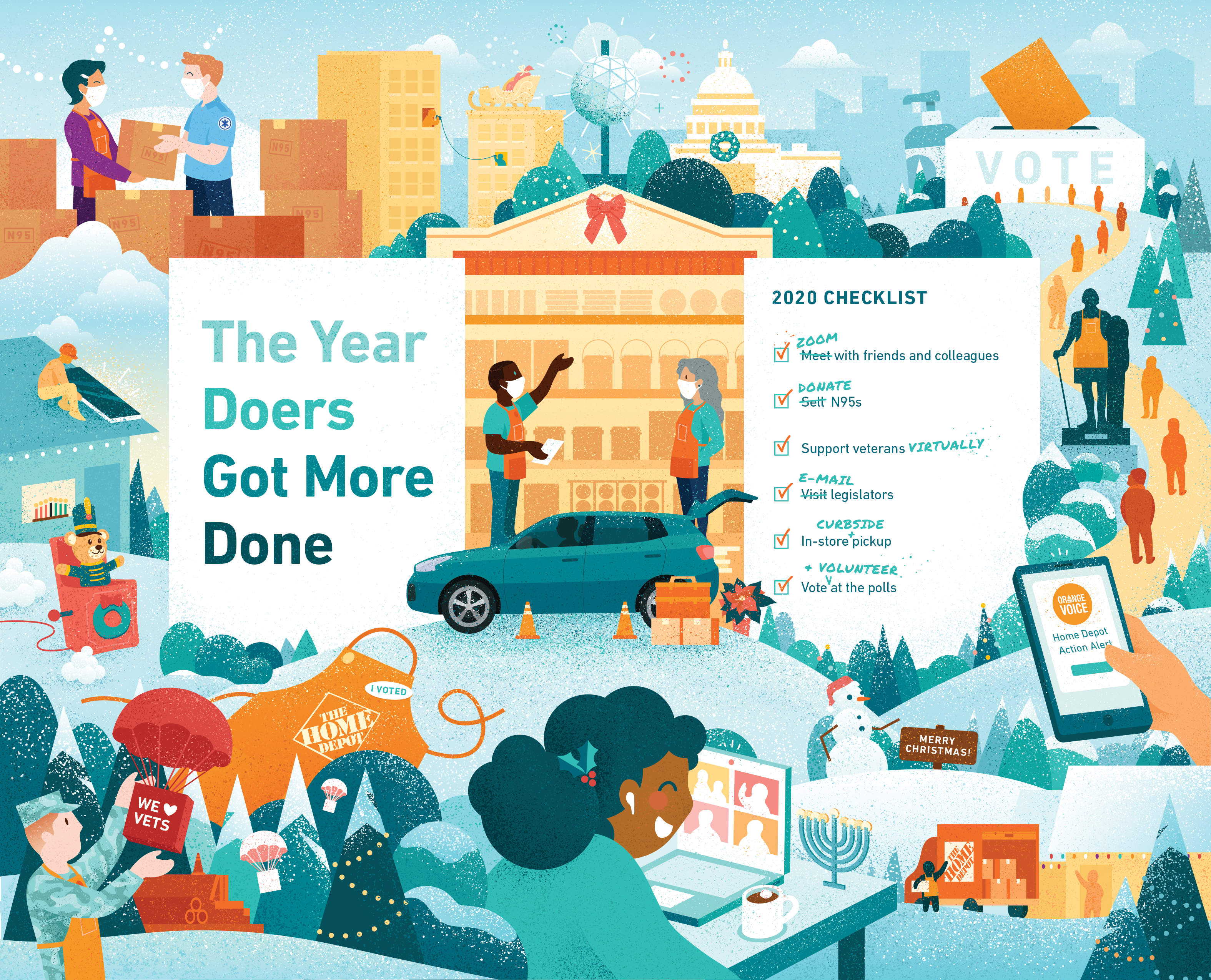 Illustrated scene showing people engaging in various activities such as virtual meetings, donating money, volunteering, supporting veterans, and voting. The background includes a cityscape, a snowy park, and a checklist of activities titled "2020 Checklist.