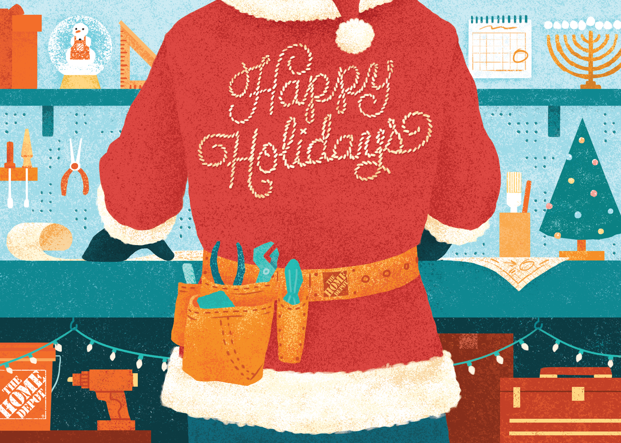 An illustration of Santa Claus working at a crafting table. Santa is seen from the back, wearing a "Happy Holidays" jacket and a tool belt. The table is scattered with tools and craft items, with holiday decorations and a Christmas tree in the background.