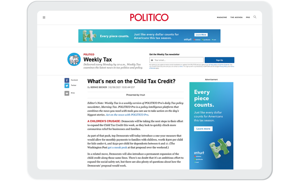 A screenshot of the Politico website on a laptop screen featuring Intuit advertisements on the header and right sidebar