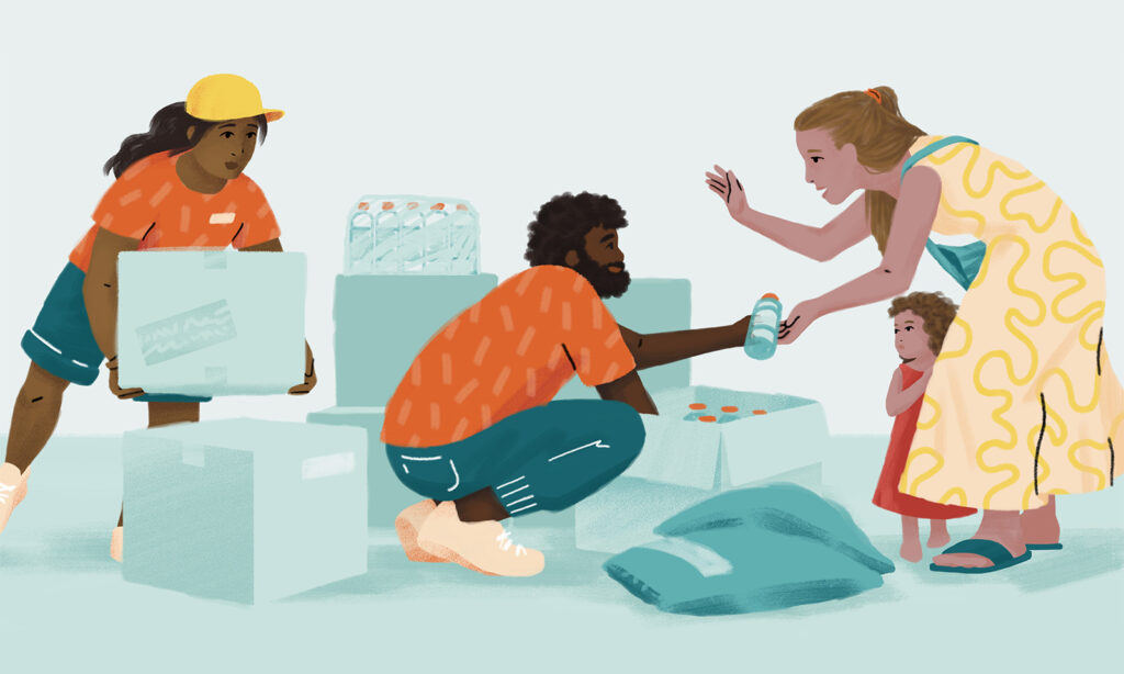 Illustration depicting an aid working handing out bottles of water to a woman and chile from a collection of cardboard boxes on the ground. The woman is gesturing in thanks with her right hand as she receives the water bottle in her left hand.