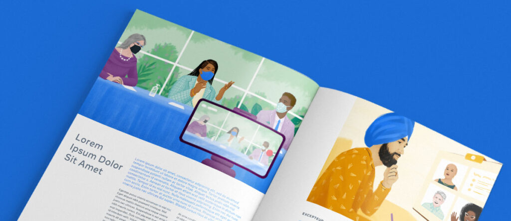 Mockup of custom illustrations depicted as header images on a printed booklet