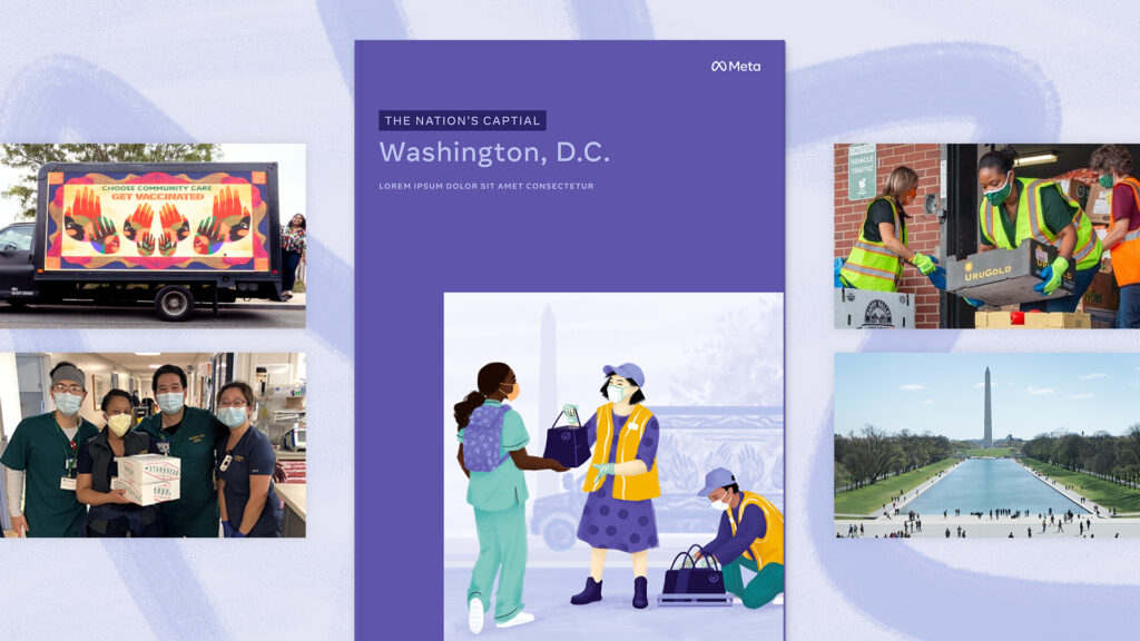 Mockup of a printed booklet cover titled "Washington, DC" with a custom illustration of volunteers handing out aid outside the national mall. Behind the booklet, we see photographs of scenes that inspired the custom illustration such as the national mall and volunteers at a medical facility