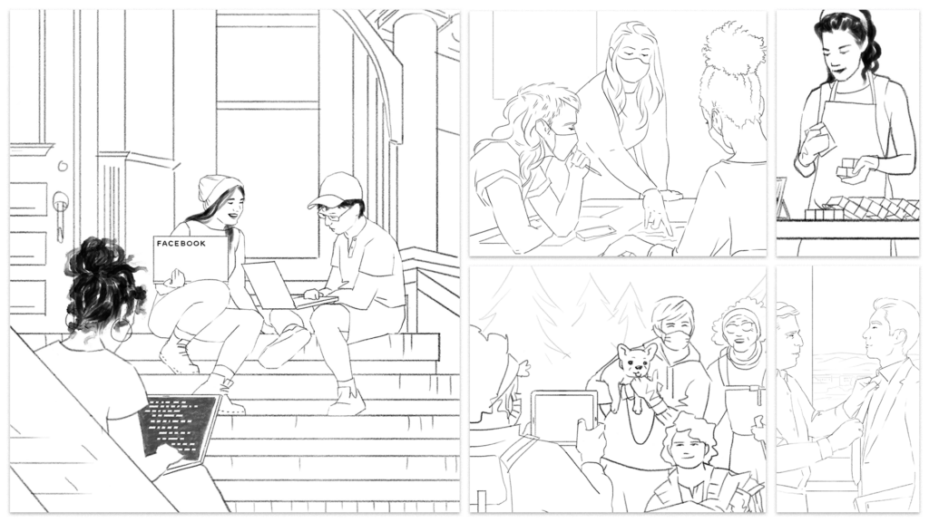 Collage of 3 black and white digital sketches showing community-based scenes