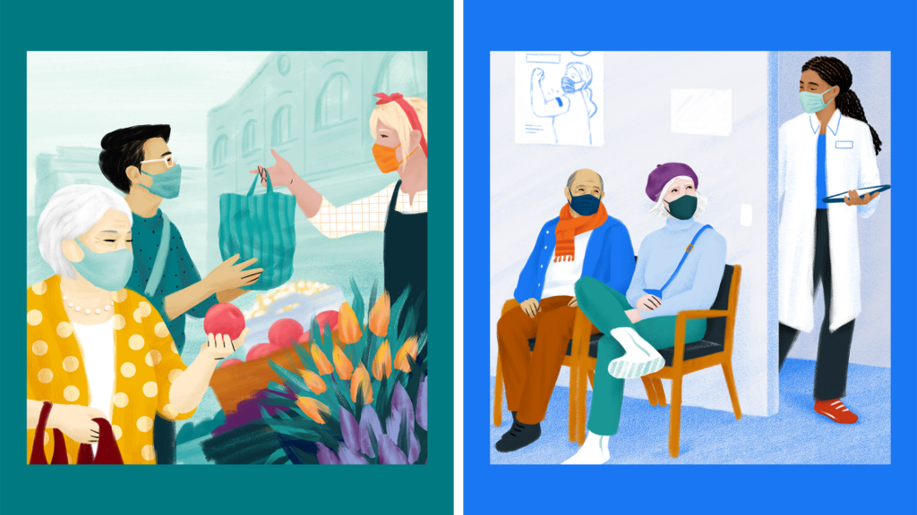 On the left, an illustration depicting 2 shoppers perusing an outdoor flower market stand. On the right, an illustration depicting 2 patients sitting in a clinic waiting room