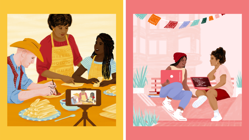 On the left, a custom illustration showing a tablescape of 3 individuals making tamales from scratch while livestreaming from a smartphone in the foreground. On the right, a custom illustration of 2 individuals sitting on a street bench chatting with their laptops open on their laps to a screen of computer code.
