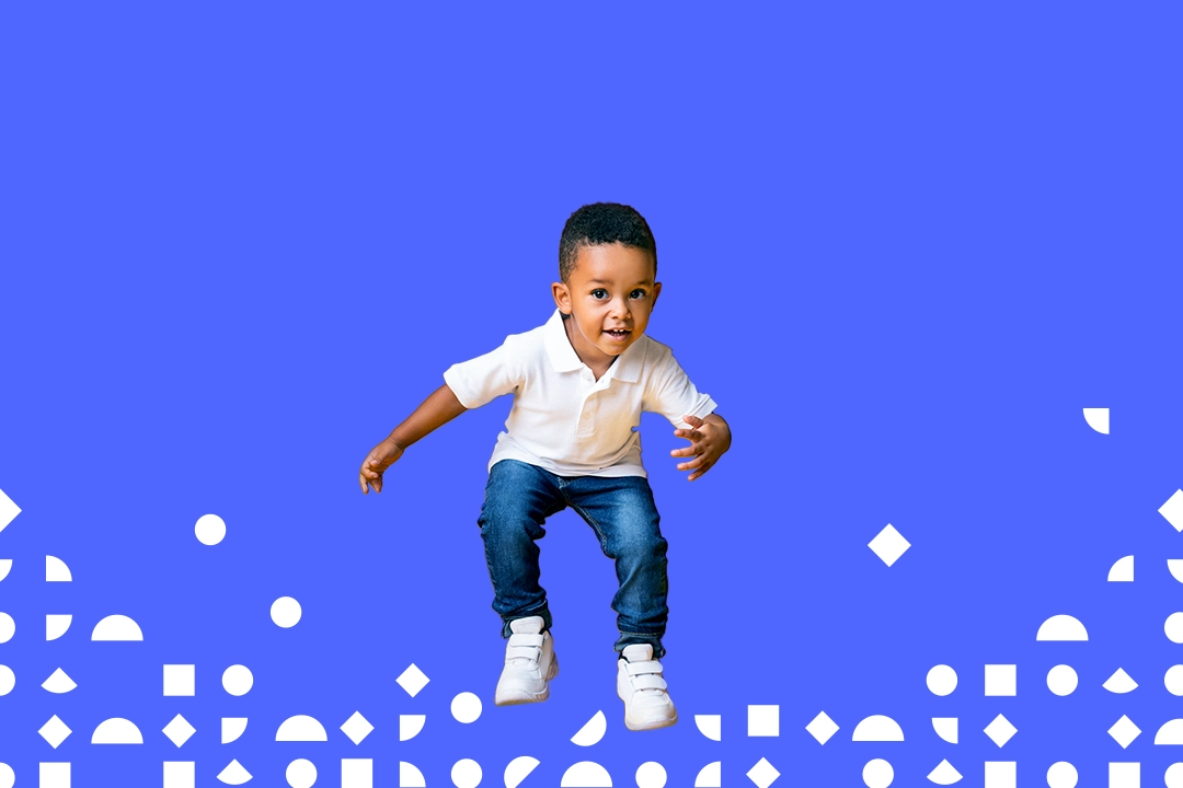 A young child with a short haircut is standing against a bright blue background, embodying the essence of FFYF's branding. Dressed in a white polo shirt, blue jeans, and white sneakers, the child stands amidst scattered white geometric shapes like circles, squares, and triangles.