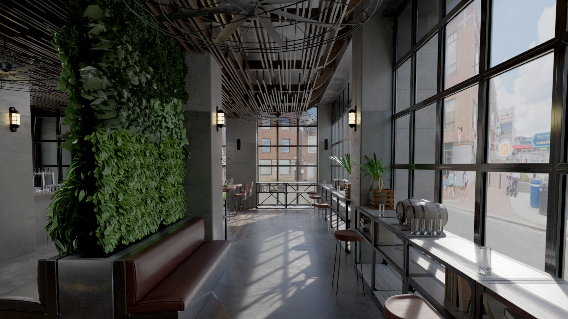 A modern cafe with large windows, an indoor living plant wall, and wooden ceiling decor. There are high tables with stools along the window, bar seating, and a brown cushioned bench along the plant wall. Sunlight streams through the windows, illuminating the space.
