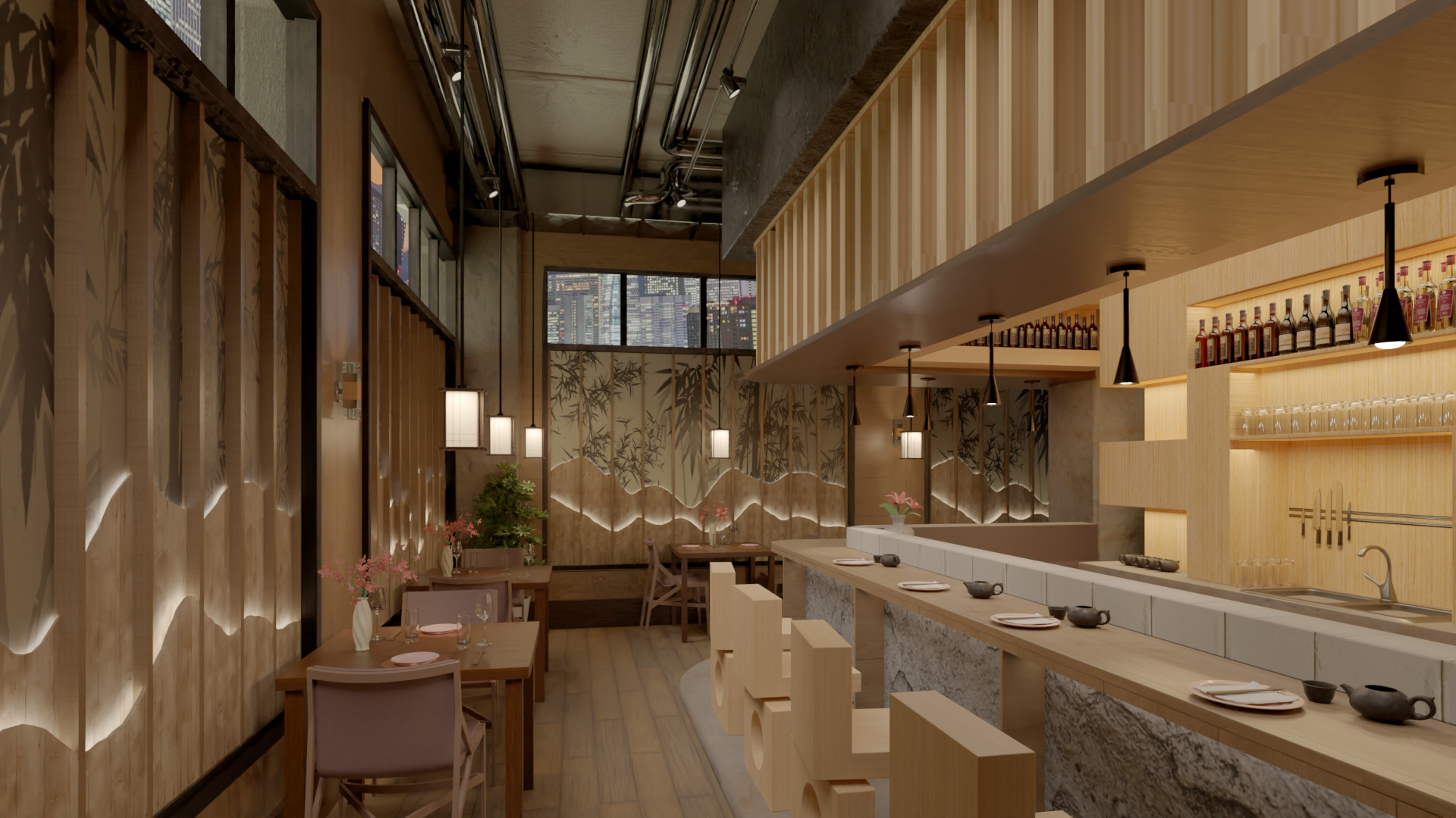 A cozy, modern restaurant with wooden furnishings and warm lighting. The interior features a long bar with stools, a row of tables with cushioned chairs, bamboo-themed wall panels, hanging light fixtures, and a large window offering ambient natural light.