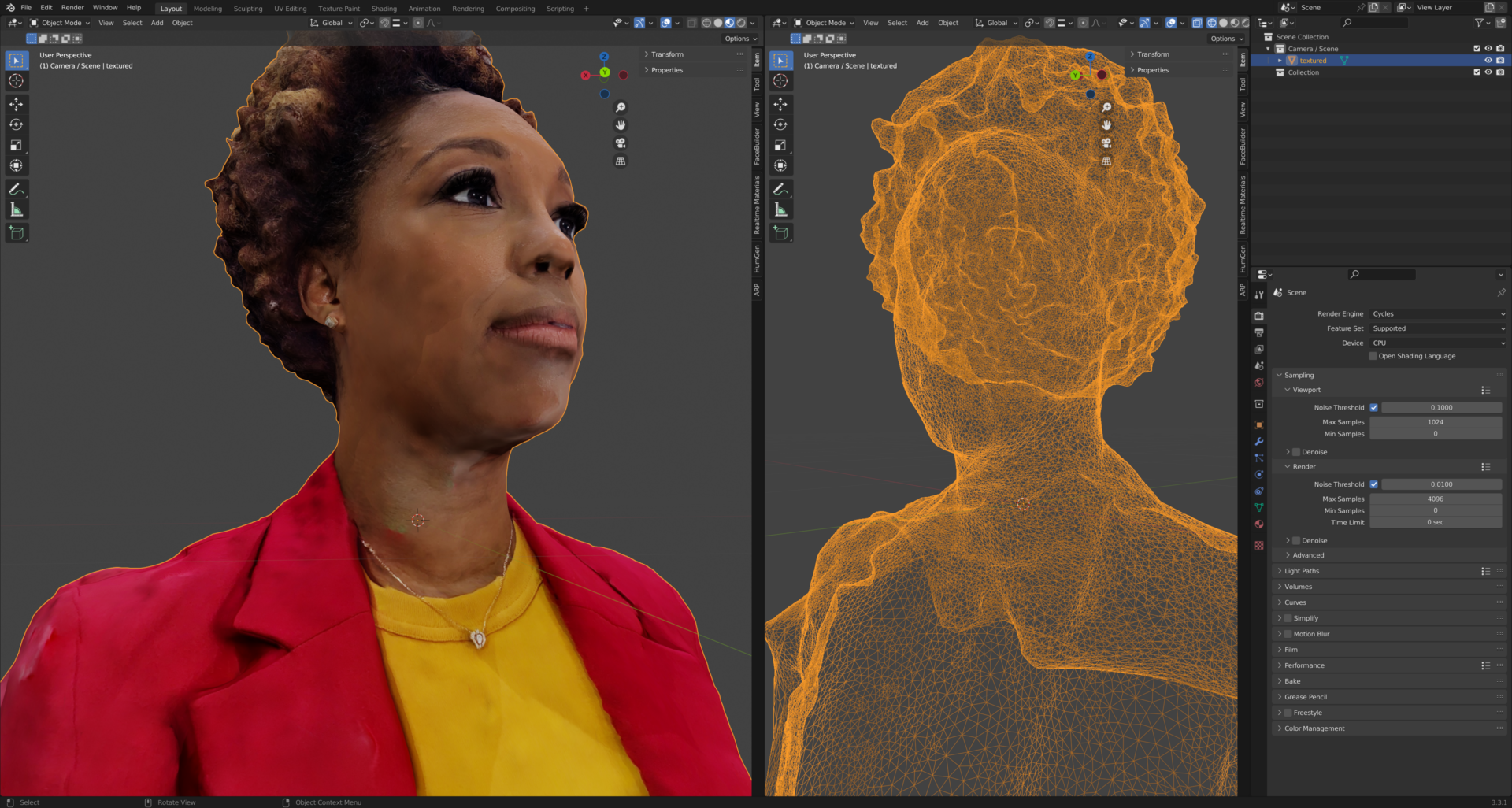 A split-screen image showing a 3D modeling software interface. The left side displays a realistic 3D mesh of a person with curly hair in a red jacket and yellow shirt. The right side shows a wireframe view of the same model, highlighting the detailed mesh structure.
