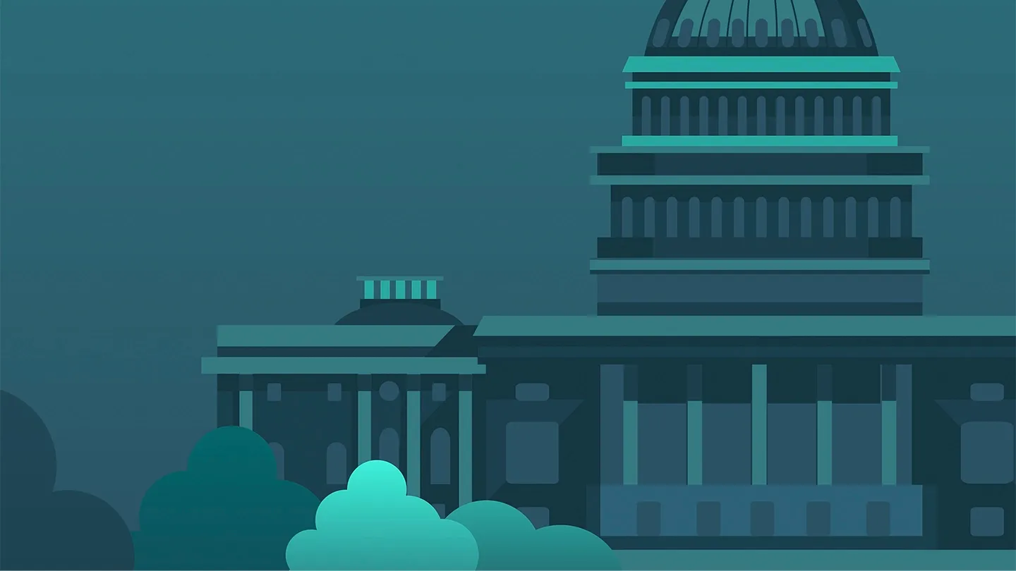 Illustration of a building with a domed roof, reminiscent of the United States Capitol, with trees in the foreground, all in varying shades of blue and green, reflecting tech branding.