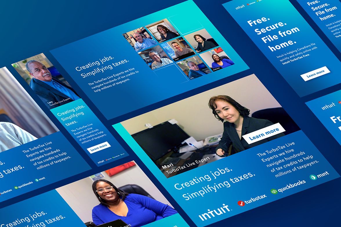 A collage of promotional images for TurboTax Live, showcasing diverse customer service representatives in office settings, accompanied by text emphasizing job creation and simplifying taxes. The Intuit, TurboTax, QuickBooks, and Mint logos are displayed.
