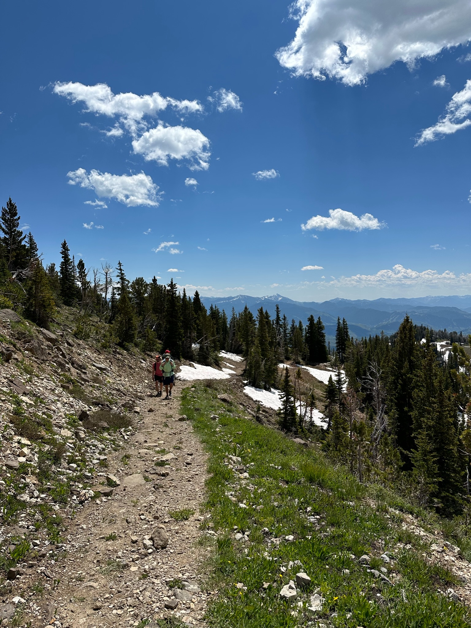 Two hikers walk on a rocky trail through a mountainous landscape with patches of snow and green vegetation, surrounded by pine trees. The sky is bright blue with scattered clouds, and distant mountain ranges are visible on the horizon.