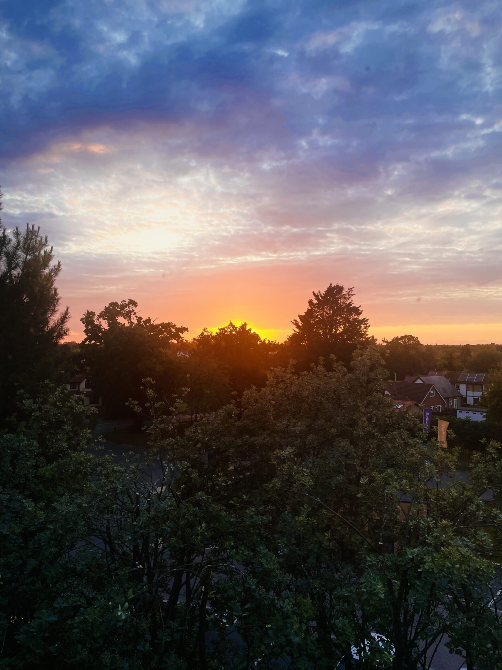 A beautiful sunset sky with vibrant hues of orange, pink, and purple. The sun is setting behind a line of tall trees and houses, casting a warm glow over the suburban neighborhood. The sky is partly cloudy, adding texture to the scene.