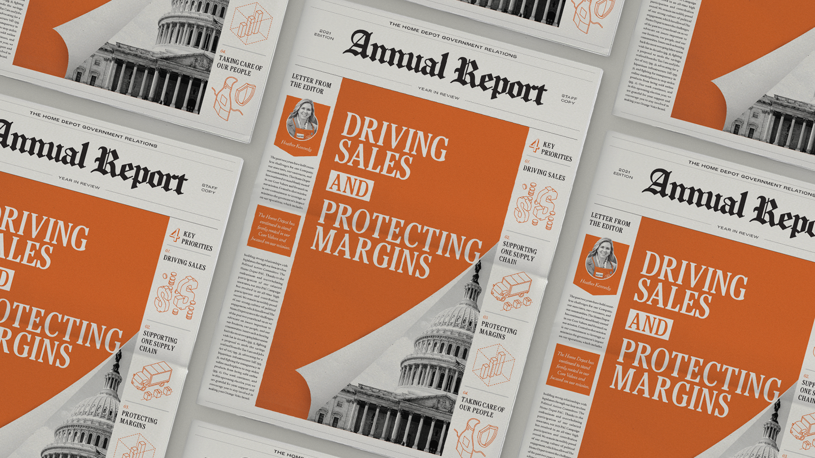 A layout featuring multiple newspapers with the headline "Driving Sales and Protecting Margins" on the front page. The pages are orange with white text and images of a Capitol building and charts. The masthead reads "Annual Report" at the top.