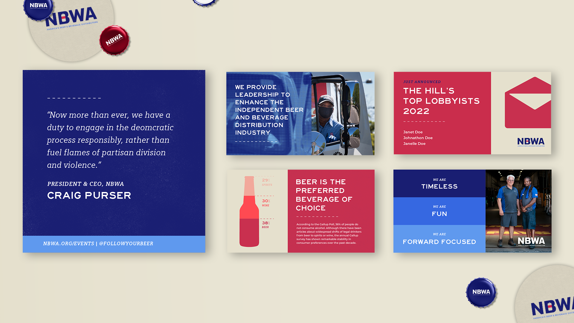 A collage image featuring various cards and elements related to the National Beer Wholesalers Association (NBWA). It includes quotes, infographics, and statements about leadership, beer distribution, and advocacy. Pins with "NBWA" and social media tags are also visible.