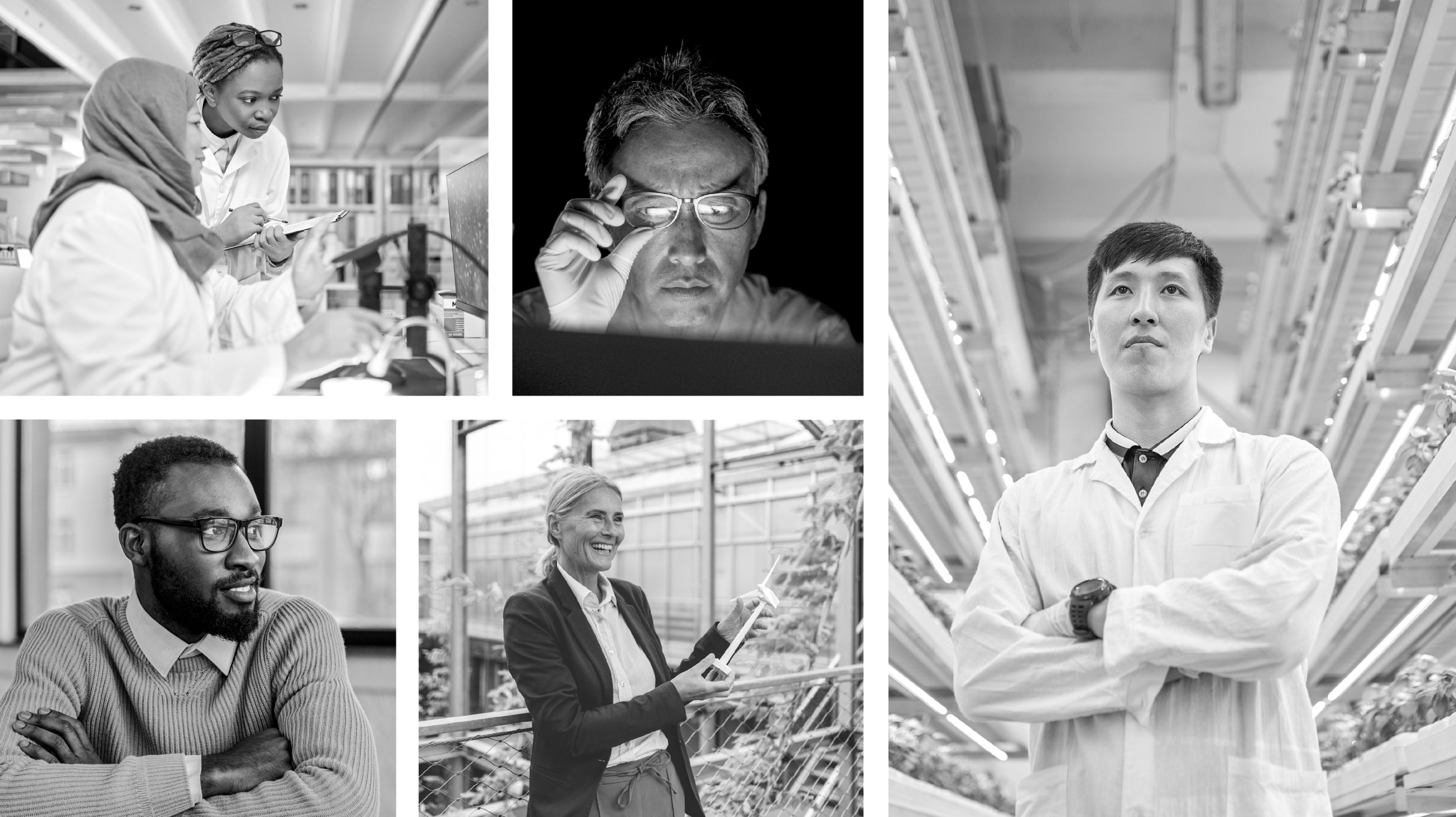 A black-and-white collage shows diverse scientists at work: a woman in a hijab and a colleague examine a tablet, a man with glasses intensely observes a screen, another man stands with arms crossed in a lab, a woman smiles with documents, and a man in a sweater thinks.