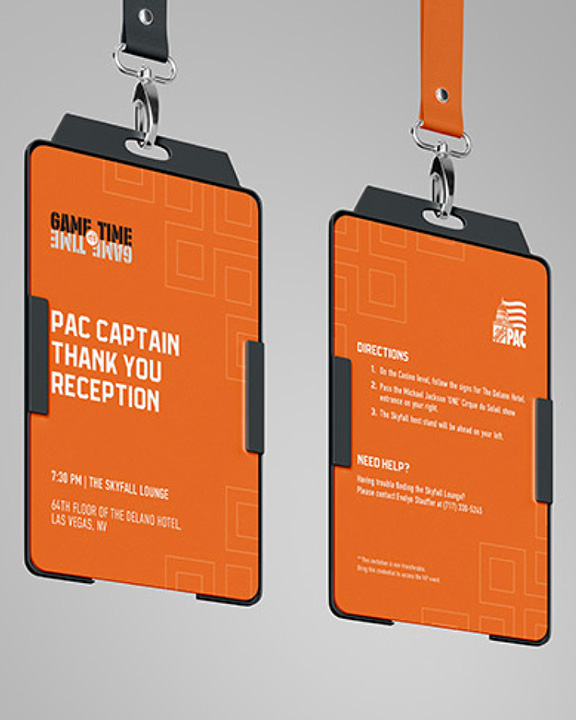 Two orange badges with black holders on lanyards. The front badge reads "PAC Captain Thank You Reception," with event details for "7:30 PM, The Skyfall Lounge, 64th Floor of the Delano Hotel, Las Vegas, NV." The back badge provides directions and contact info.