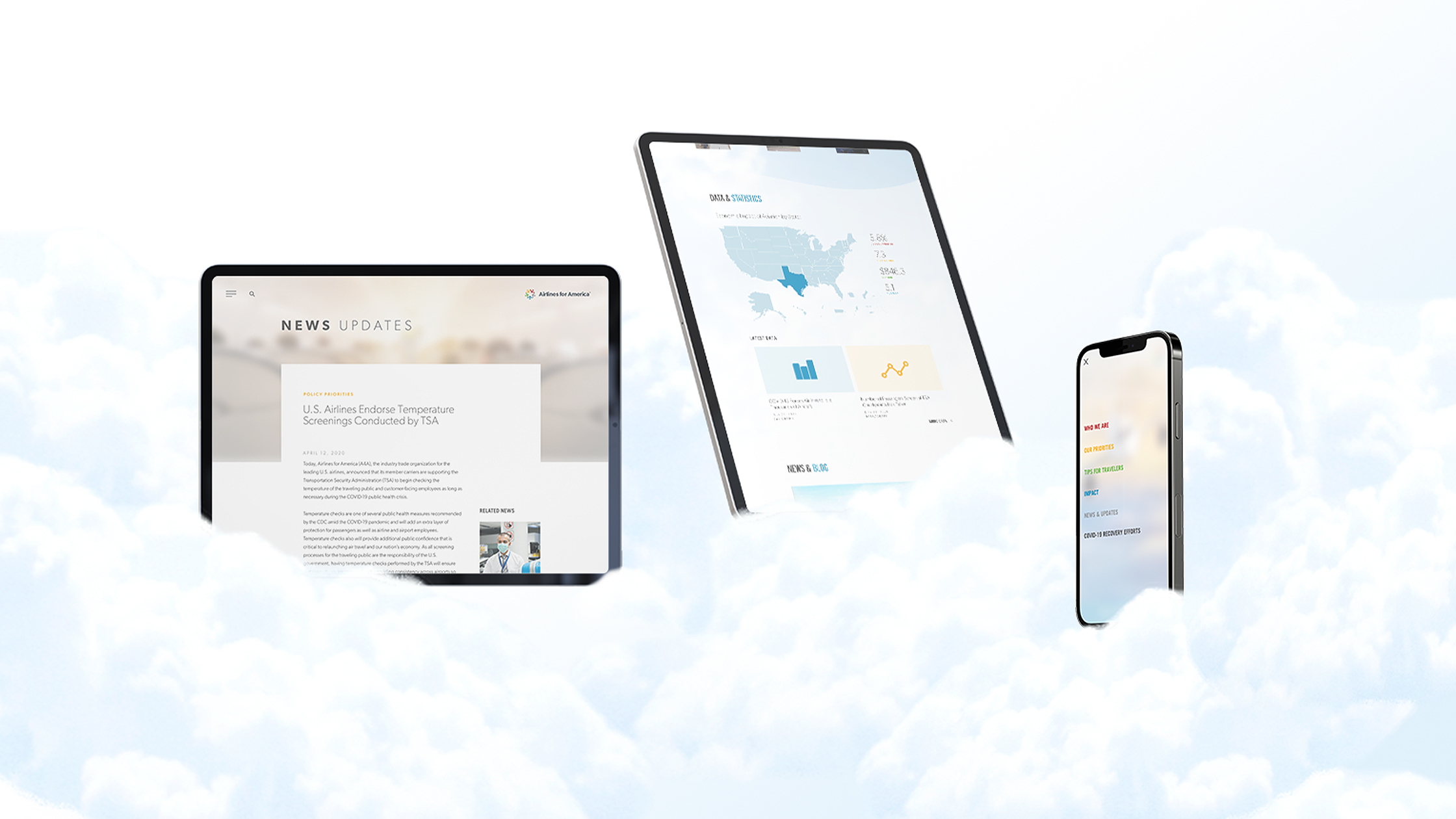 Three devices—a tablet on the left displaying a news update, a larger tablet in the center showing a map and charts, and a smartphone on the right—hover above a cloud-filled background, illustrating cloud-based technology and cross-device compatibility.