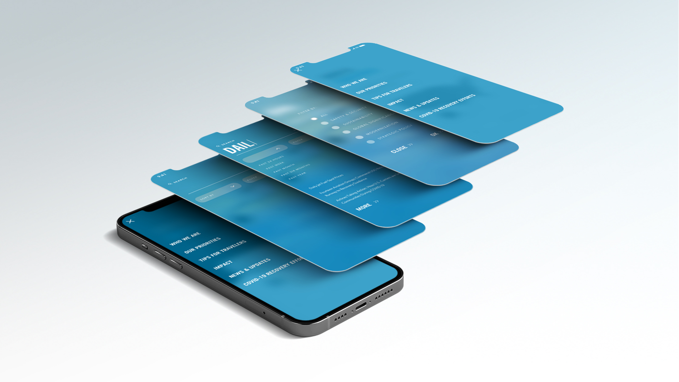 A smartphone displays a series of blue, semi-transparent floating screens stacked above it, each showing different menu options or settings in white text. The background is a gradient from light to dark gray. The device is angled to the right.