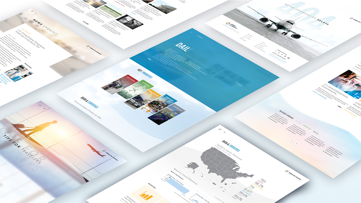 A top-down view of multiple digital web page templates arranged diagonally on a white background. The designs feature content areas for text, images, maps, graphs, and navigation elements, with themes related to travel and business.