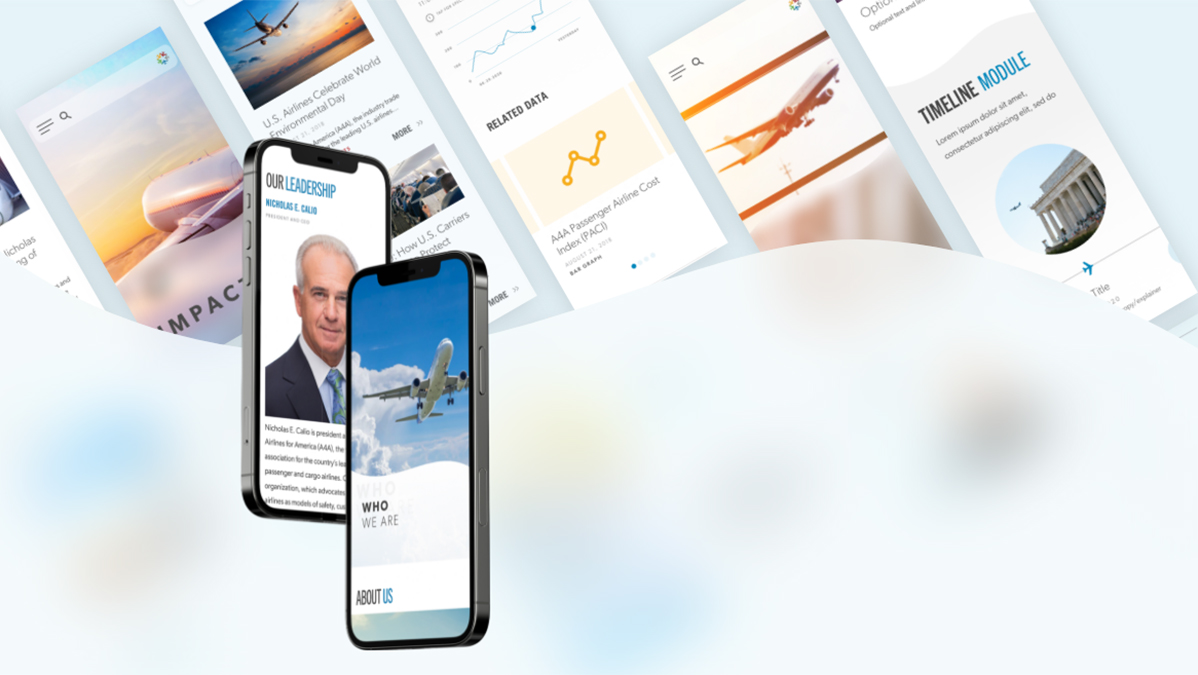 A series of smartphone screens display various aviation-related content, including images of airplanes, graphs, and informational text. Two primary phone screens in the foreground show a man in a suit and an airplane in flight.