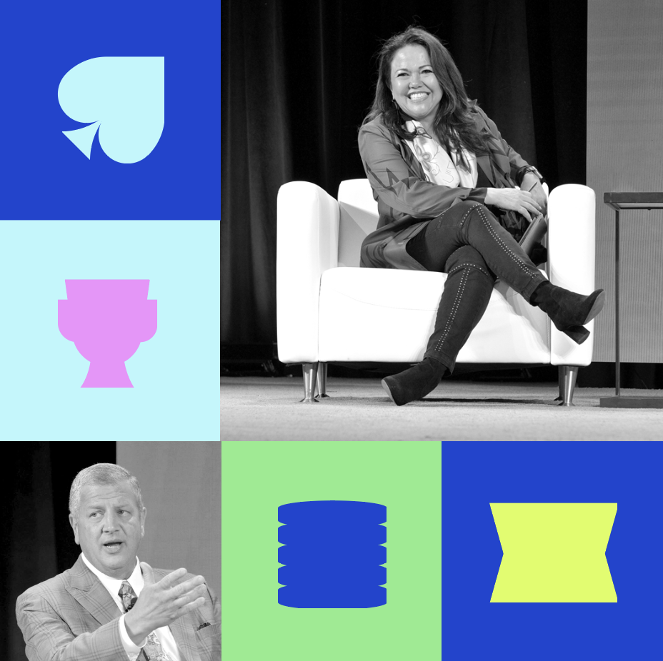 A collage featuring a woman seated on a white chair, smiling, with icons of a spade, trophy, disc stack, and hourglass shape in blue, purple, and green. In another section, a man in a suit gestures while speaking.