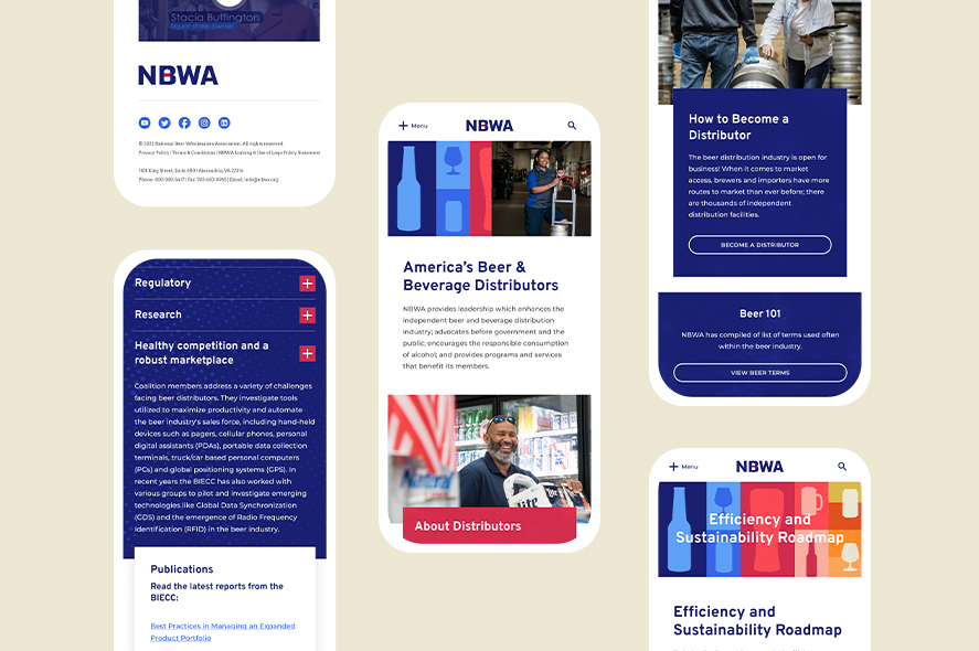 A collage of six mobile phone screens displaying various pages from the NBWA (National Beer Wholesalers Association) website. The pages include informational sections on beer distribution, news, educational content, and guides on how to become a distributor.