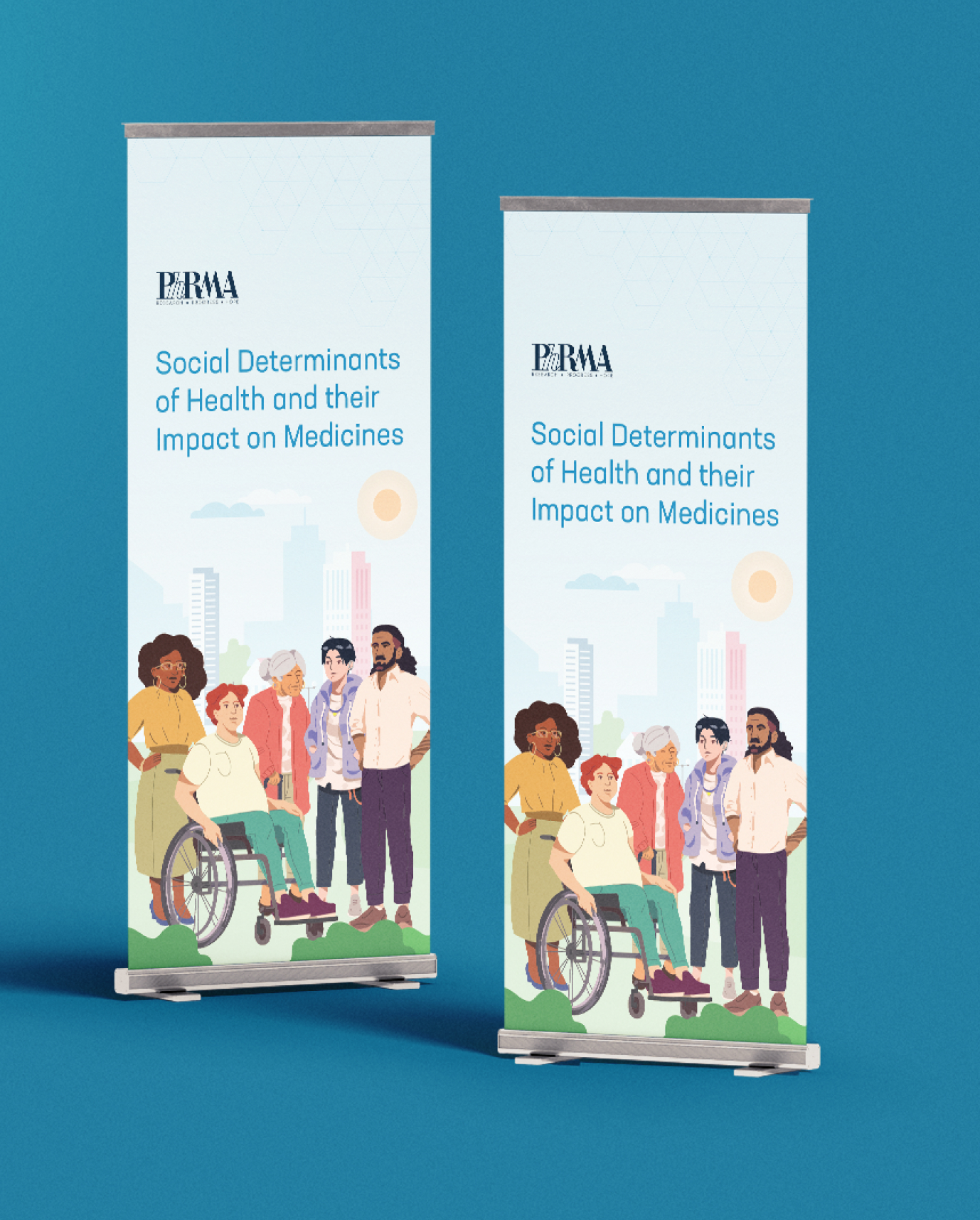 Two vertical banners on stands against a blue background. The banners display text: "Social Determinants of Health and their Impact on Medicines" with the PhRMA logo. Illustrated diverse group of people, including a person in a wheelchair, standing in front of a cityscape.