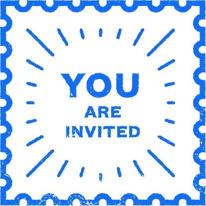 A blue stamp-like border with rays surrounds the bold blue text "YOU ARE INVITED" on a black background.
