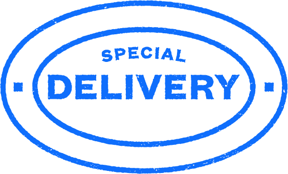 Blue oval stamp with the words "SPECIAL DELIVERY" in bold uppercase letters, with "SPECIAL" above "DELIVERY" and dots on either side of the text within the oval border.