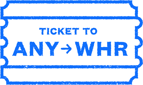 A blue ticket illustration with the text "TICKET TO ANY→WHR" written in bold letters, suggesting a ticket to anywhere.