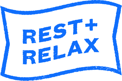 Blue outline of a pillow with the words "REST + RELAX" in bold blue letters inside, set against a transparent background.