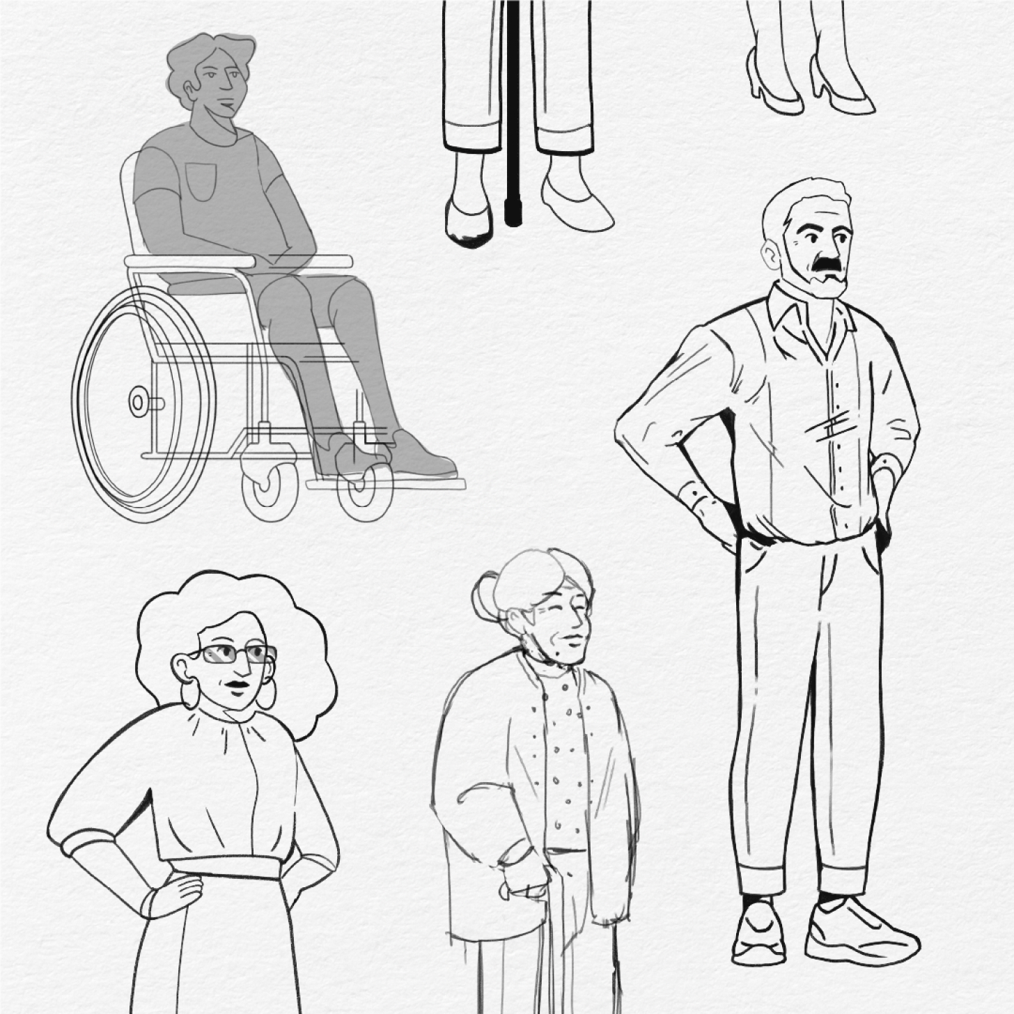 A black and white illustration of five different people: a person in a wheelchair, a standing person wearing long pants, a person with curly hair wearing a long dress, an elderly person with a cane, and a person with a mustache wearing a button-up shirt and pants.